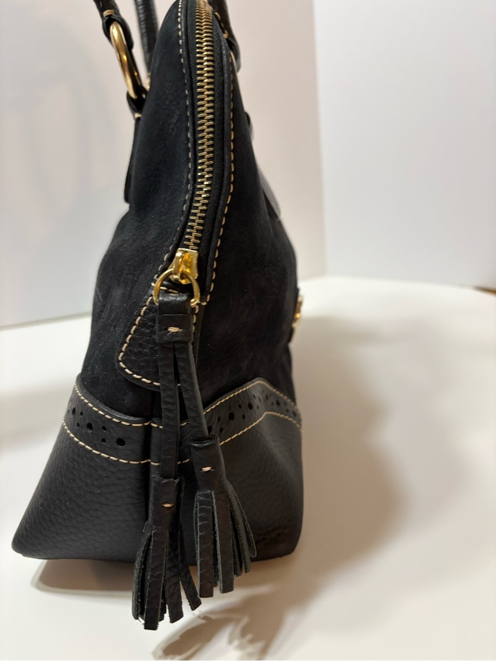 Dooney & Bourke Black Leather Dome Satchel with Tassel and Gold Hardware - Picture 4 of 16